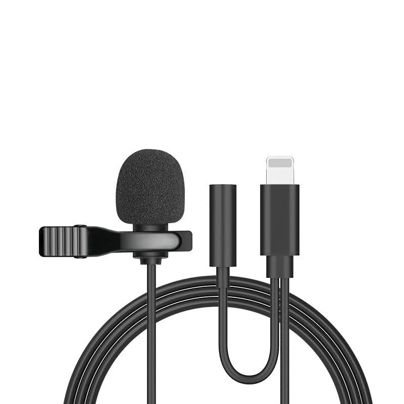 Wired lavalier microphone headset with in-ear headphones and 3.5mm plug for mobile phone recording.