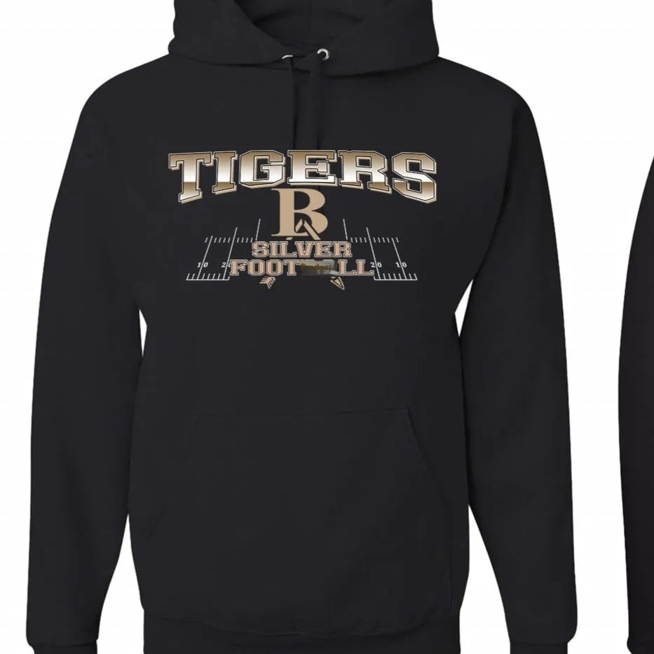 Black men's drop shoulder hoodie with long sleeves, shown on a model.