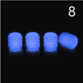 Rubber luminous tyre valve caps in multiple colours showing pack size options for bicycle and motorbike wheels