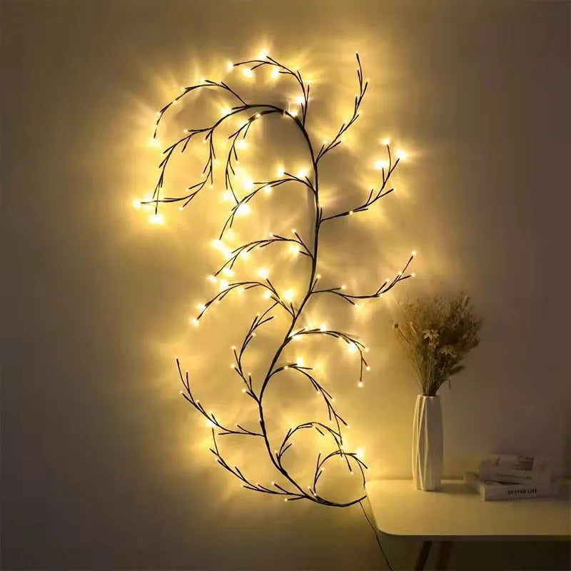 Flexible LED willow vine light garland with birch texture and 144 warm white lights on 2.3 metre branch