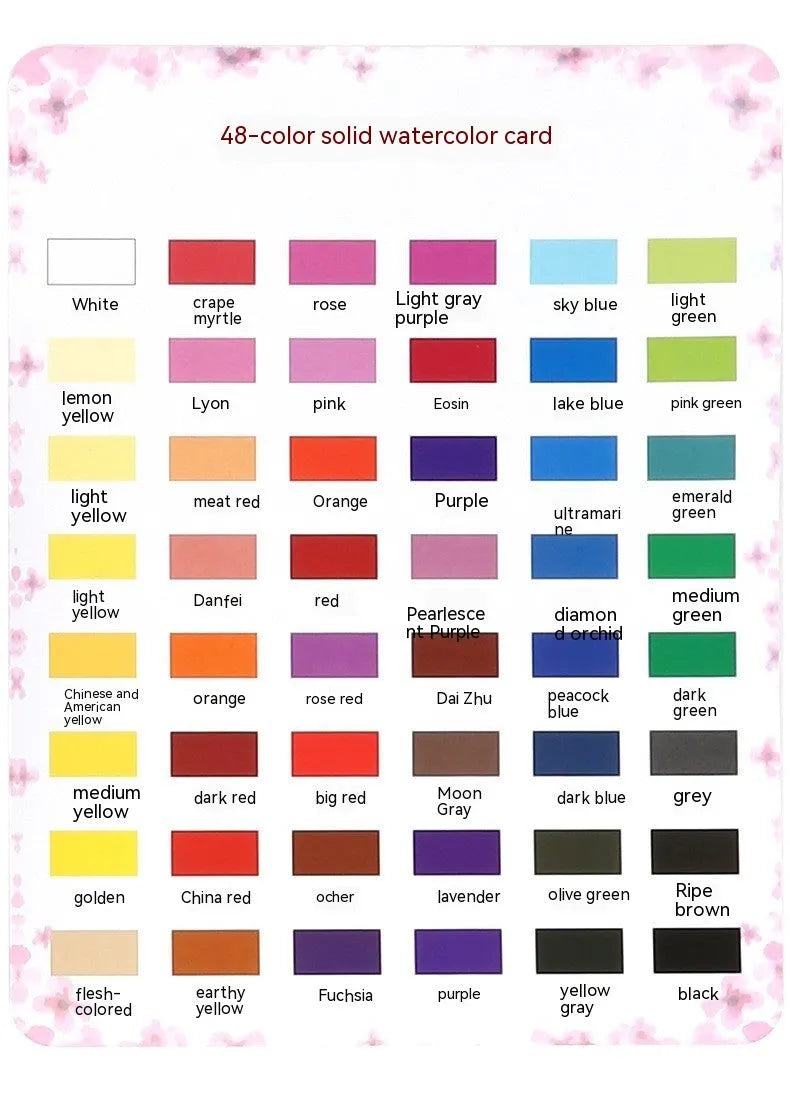 48-colour solid watercolour paint set in box with Black Knight, Girl Pink, and Sunshine Blue shades