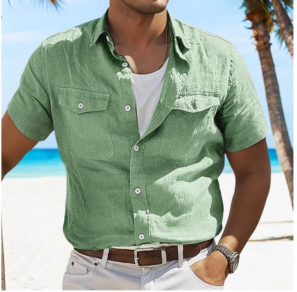 Men's grey linen summer shirt with polo collar and long sleeves in loose fit styling