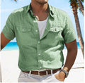 Men's grey linen summer shirt with polo collar and long sleeves in loose fit styling