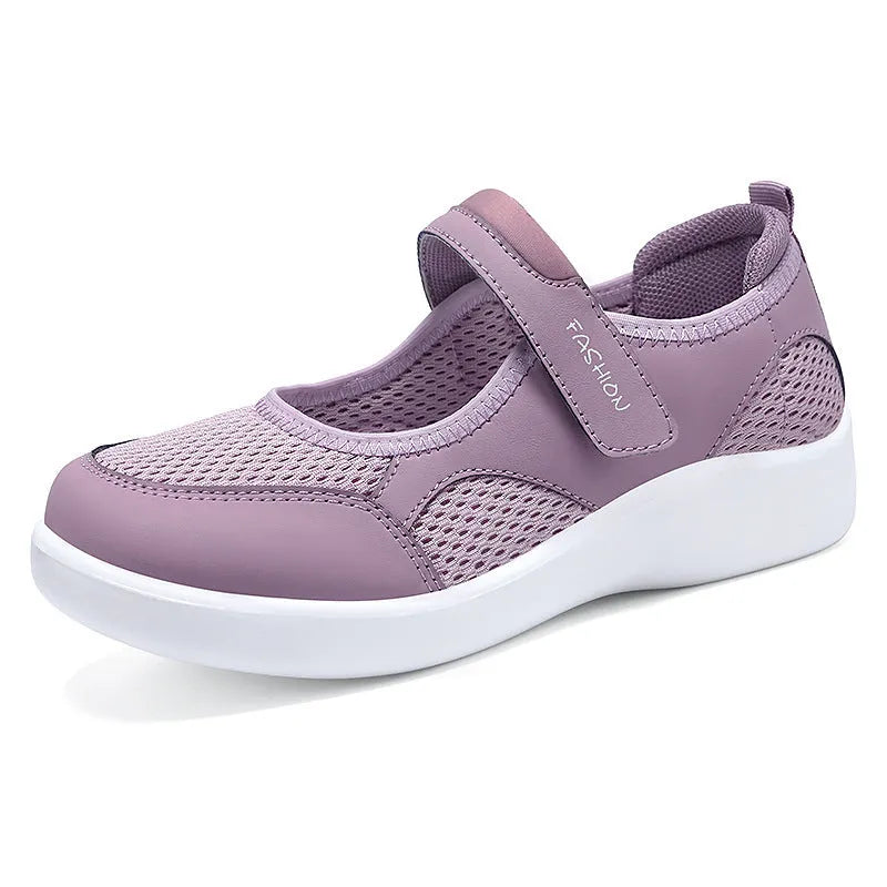 Women's grey mesh casual shoes with velcro fastening and round toe design
