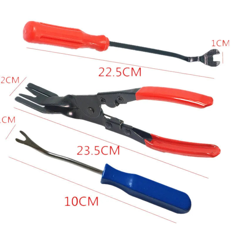 Red handle automotive door panel nailing tool for General Motors vehicles with steel construction