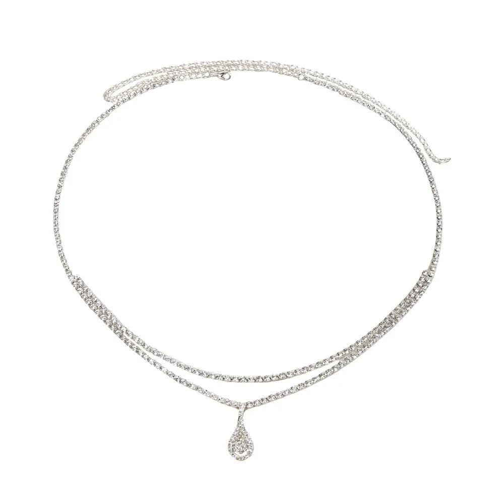 Gold or silver waist chain with water drop pendant and tassel elements, 115cm length with lobster clasp closure