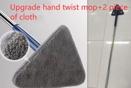 Blue triangular cleaning mop with 360-degree rotating head and adjustable stainless steel pole extended for use