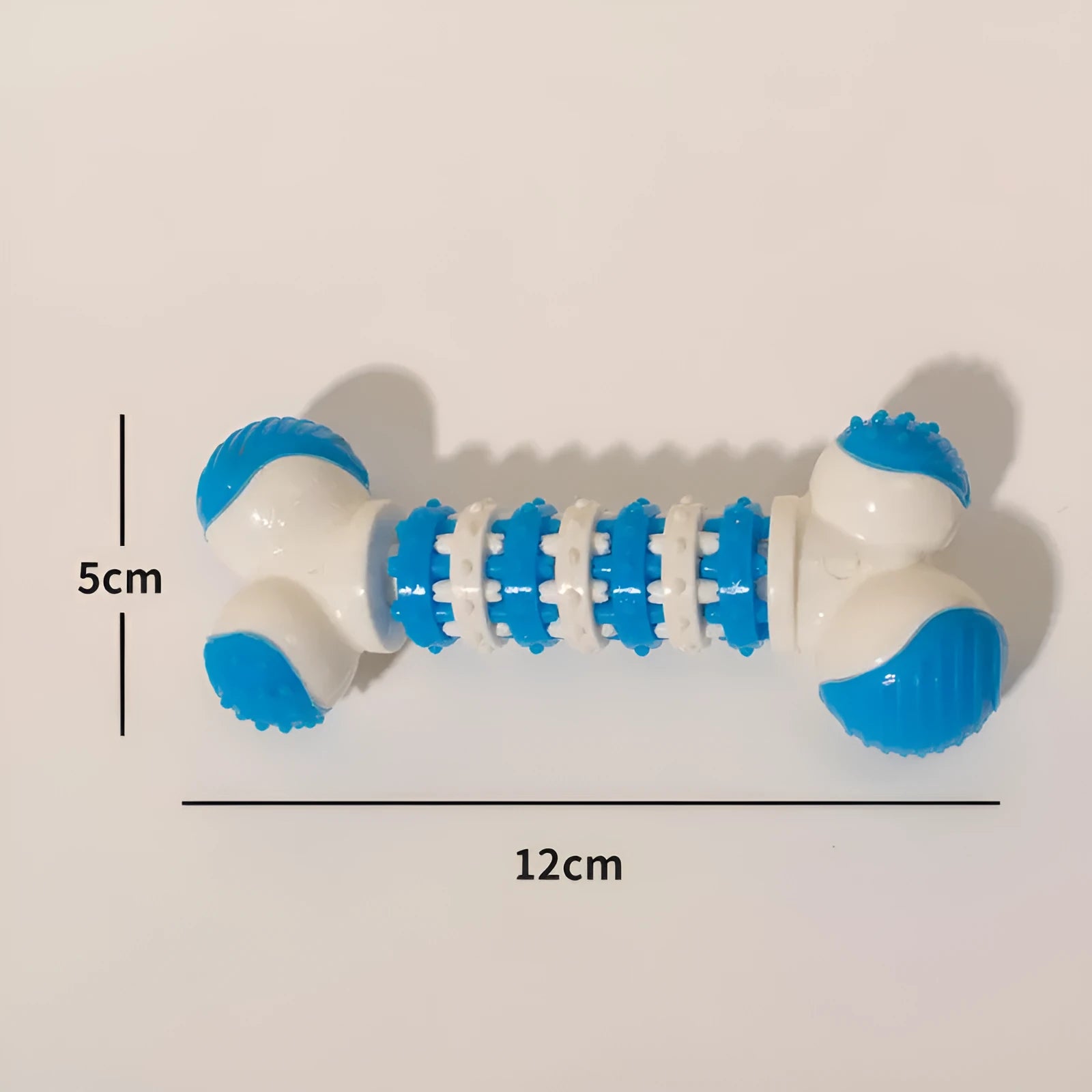 Blue orange red bone-shaped interactive dog toy for small breeds with chewable ends and treat compartment
