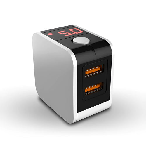 Black 5V2A fast travel charger with dual USB ports and a digital display, shown with a UK plug.