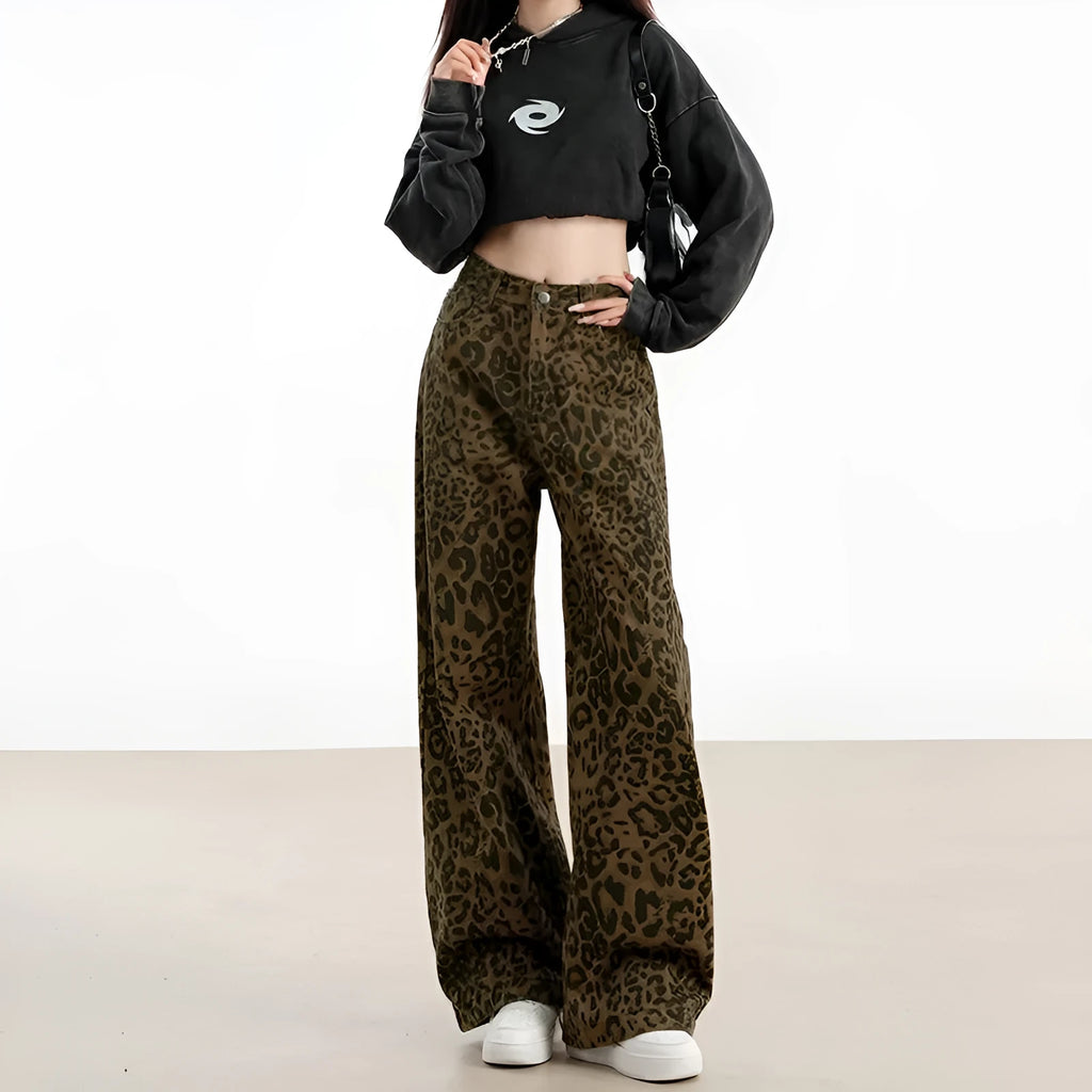 Women's leopard print denim floor-length loose-fit straight pants with wide waist