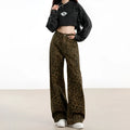Women's leopard print denim floor-length loose-fit straight pants with wide waist