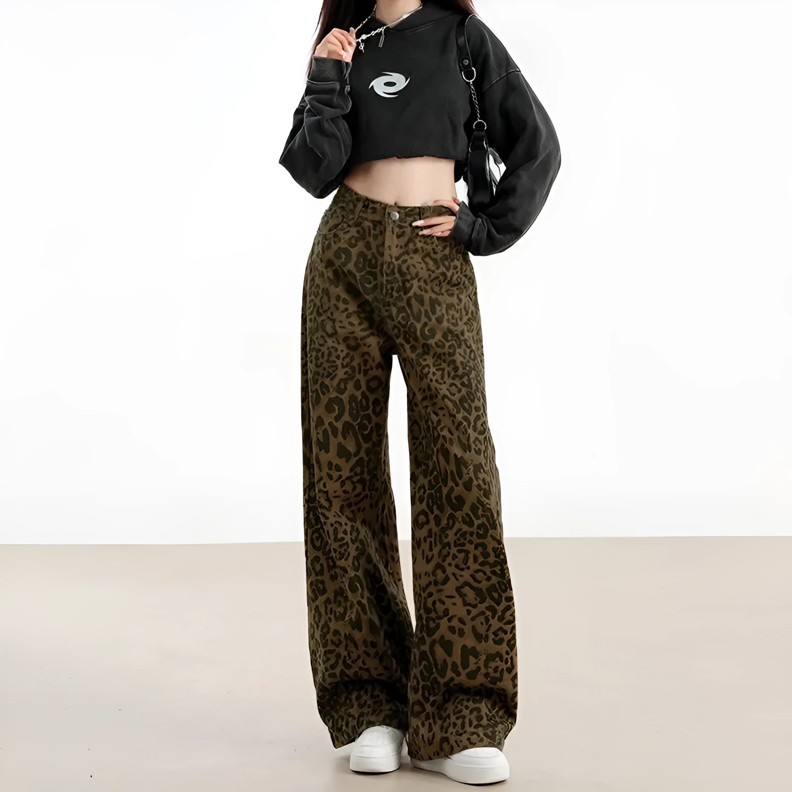 Women's leopard print denim floor-length loose-fit straight pants with wide waist