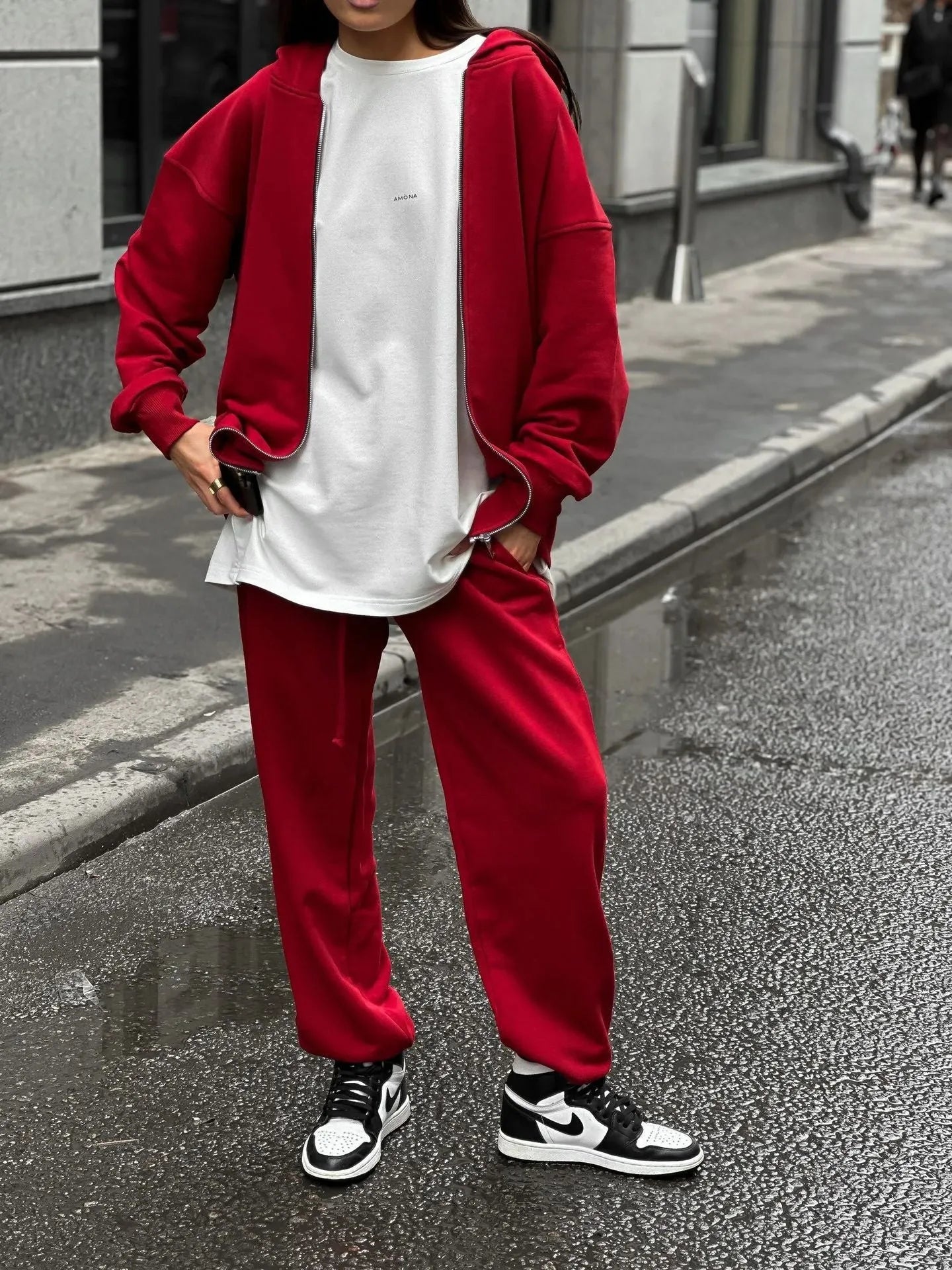 Women's street style long-sleeved coat and trousers two-piece set in loose fit polyester fabric