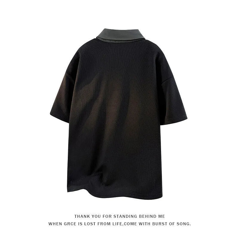 Men's thin heavy Henry collar polo shirt sweater in spandex, short sleeve pullover in apricot colour.