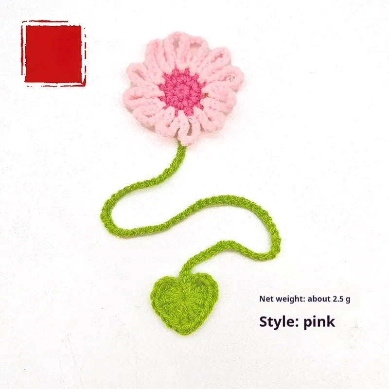 Hand-crocheted wool daisy bookmark with flexible wire core in multiple colour options