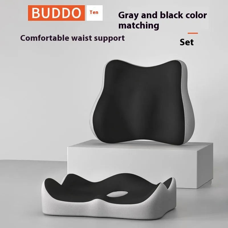 A waist rest seat cushion with memory foam filler for office use, shown in a blue and grey colour combination.