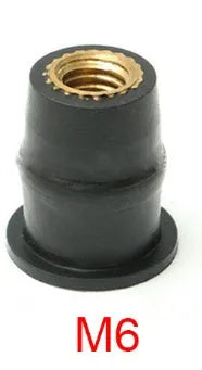 Black motorcycle windshield rubber well nut fasteners with brass threads in M4 M5 M6 sizes, kit of 10 pieces.