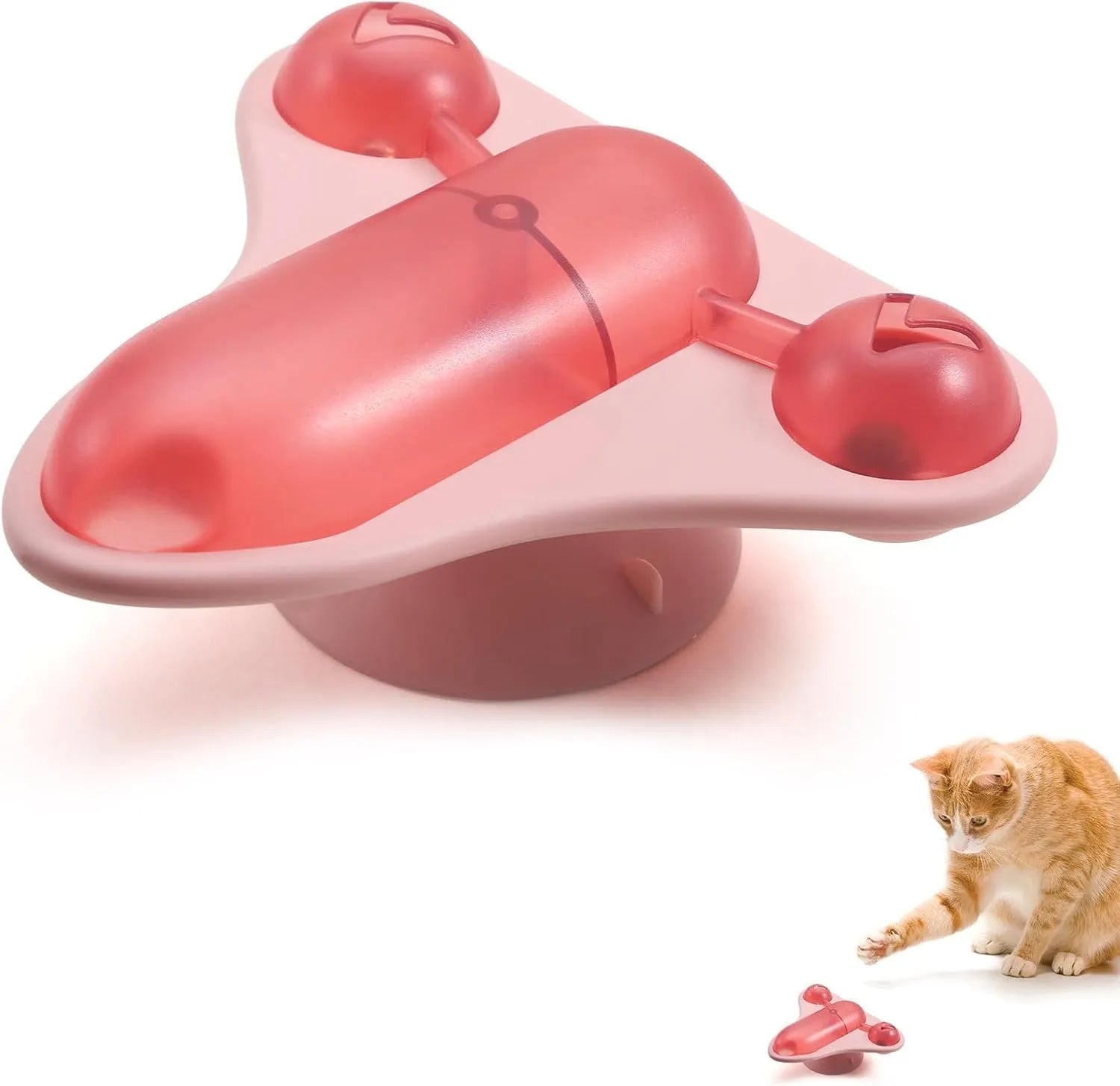 Blue interactive pet puzzle feeder toy with bell, catnip, and suction cup base on a floor.