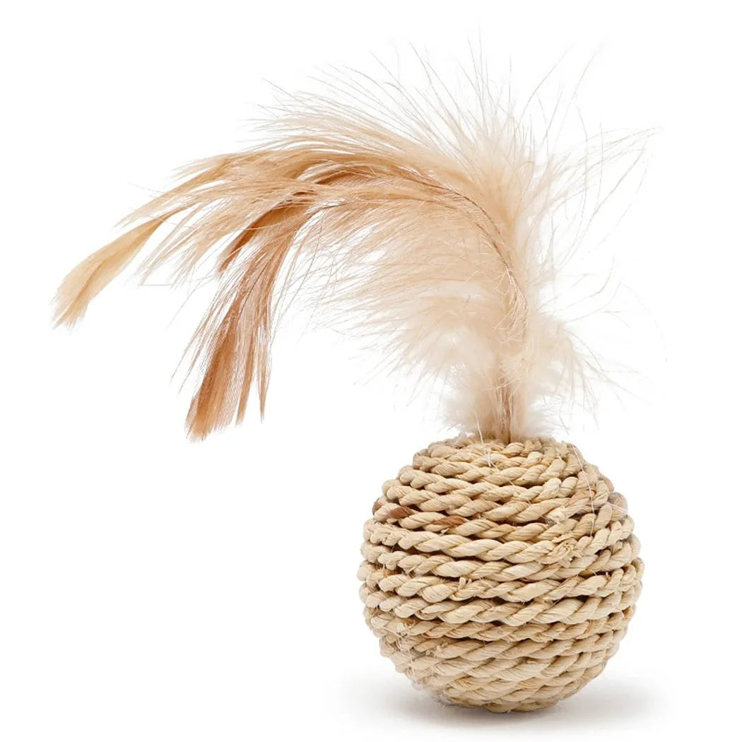 Two cat toys: rattan ball and faux feather ball with bell for kitten play