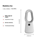 White SK bladeless tower fan standing on a floor, showing its sleek column design and touch control panel.