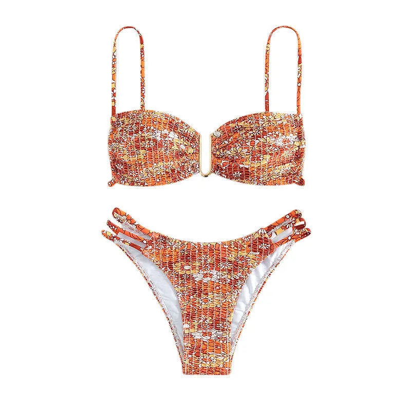 Women's floral bikini swimsuit with high-waisted briefs in blue, orange, pink, or rose red colours