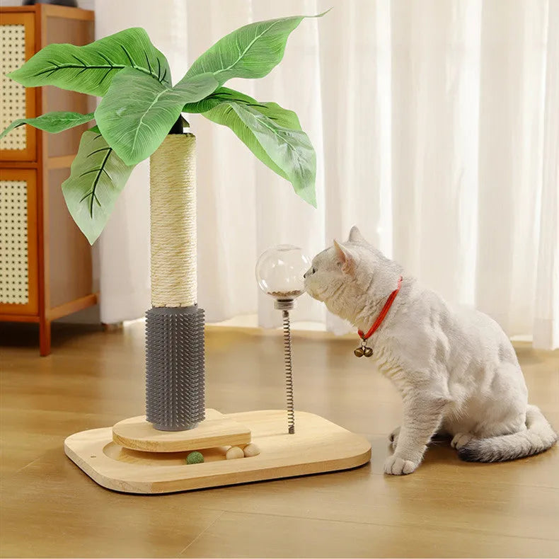 Wooden vertical cat scratching post with canna grab column and food drop ball
