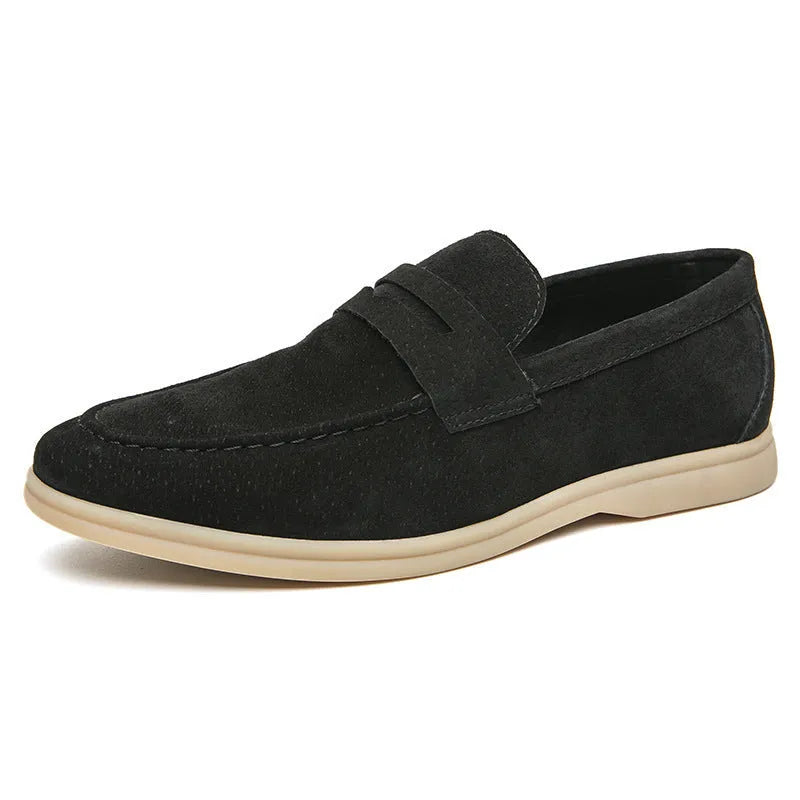 Men's beige leather slip-on shoes with round toe and rubber sole