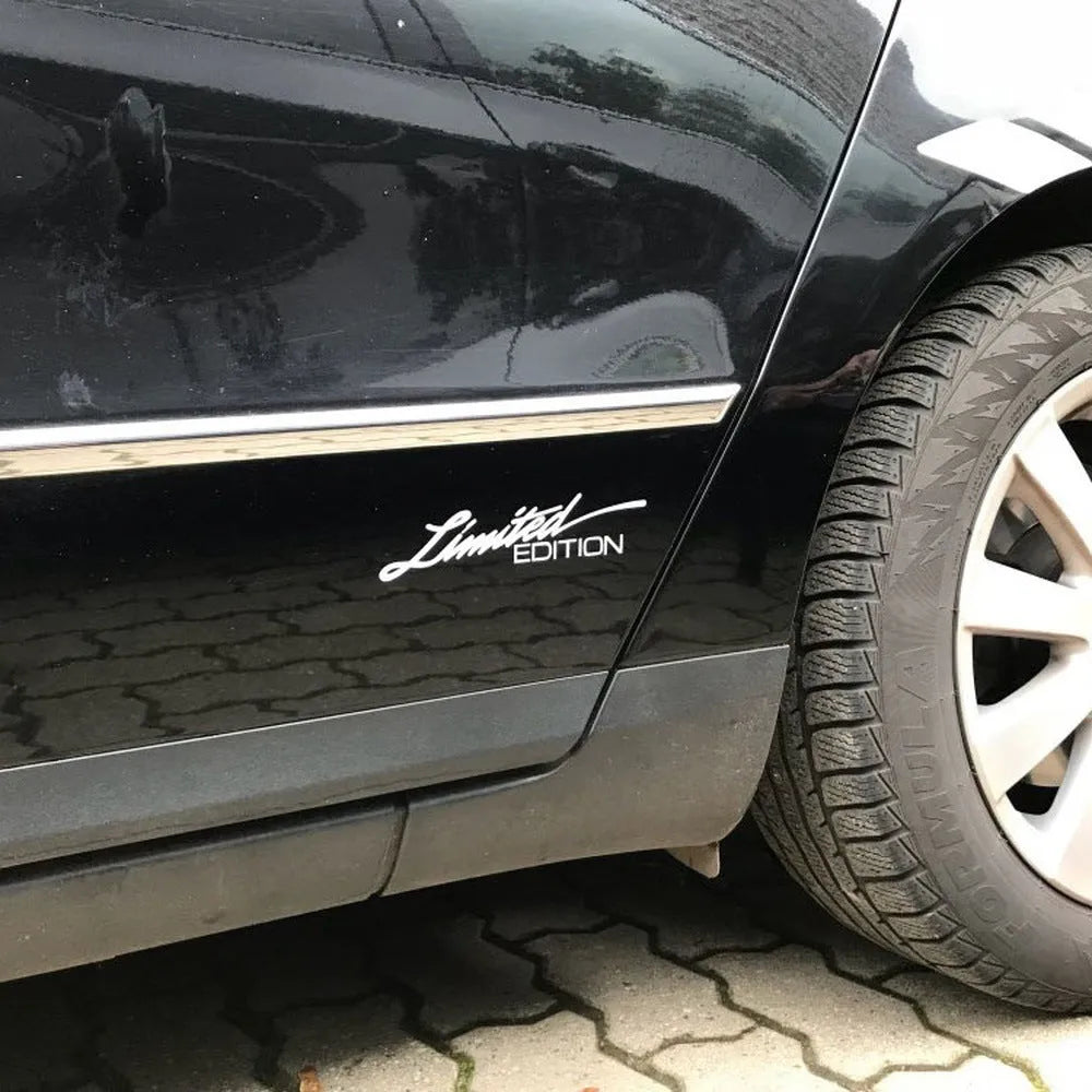 Reflective plastic bumper sticker in black, white, and colourful options showing 16cm length.