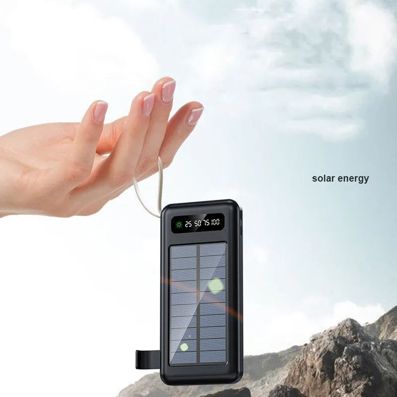 Solar power bank in black or white with charging cable, showing front panel and side dimensions
