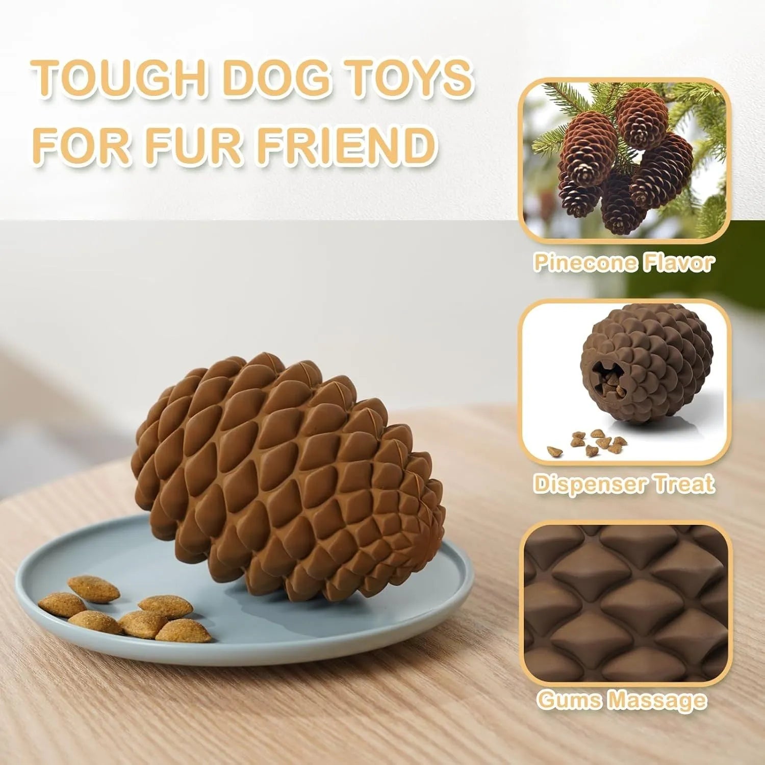 Yellow pine cone dog chew toy with treat dispenser hole for medium and large dogs