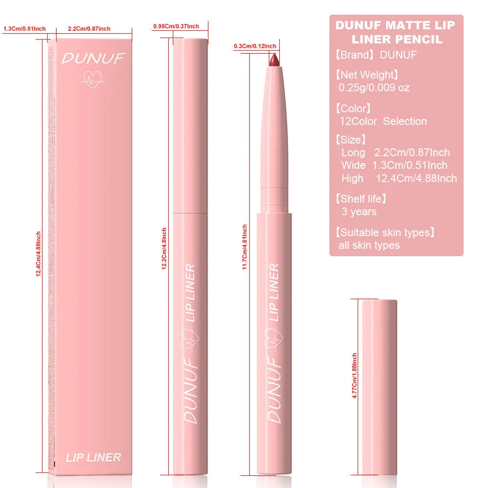 Set of twelve velvet matte lip liners in various shades for precise lip contouring
