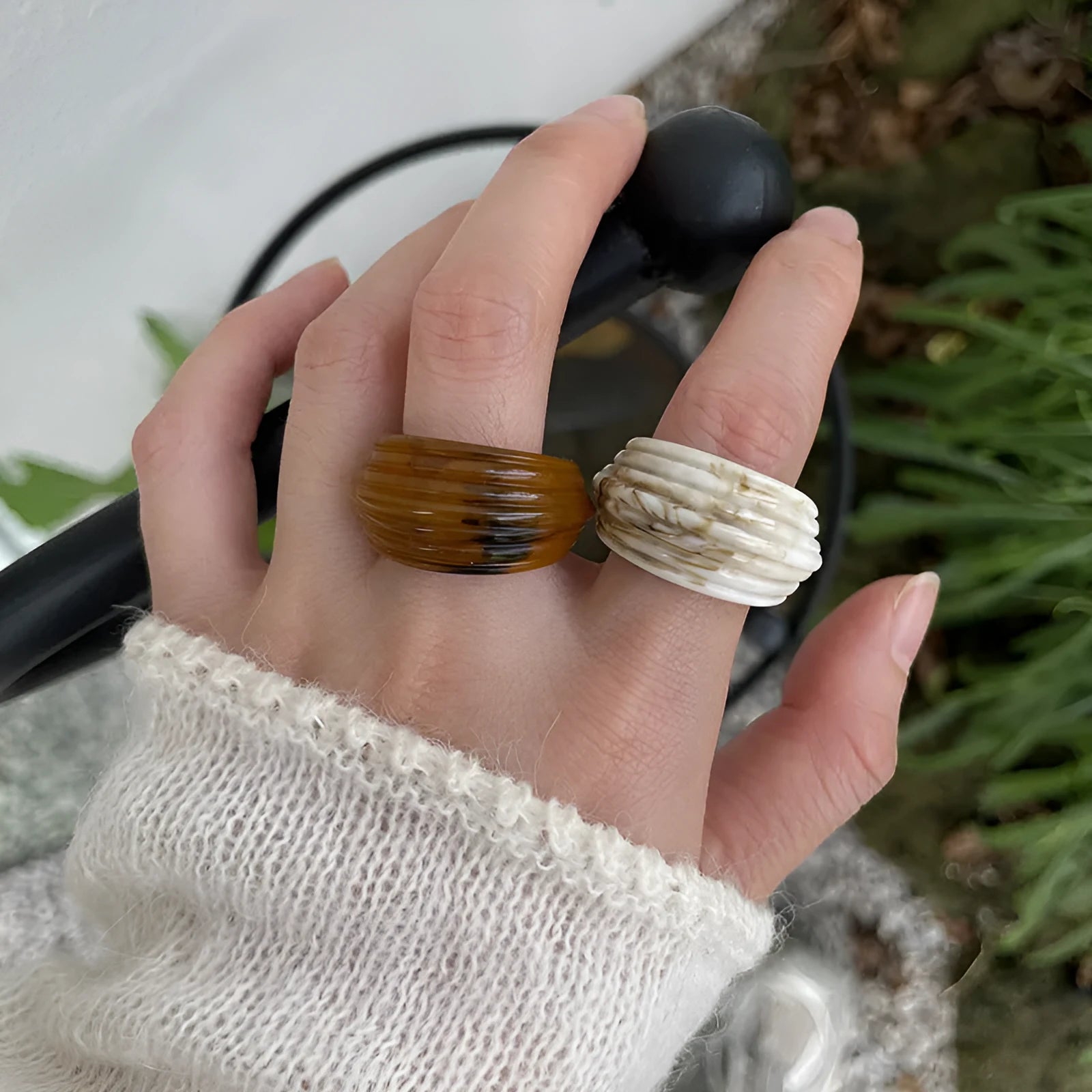 Chinese style irregular geometric resin wide ring in three neutral colours