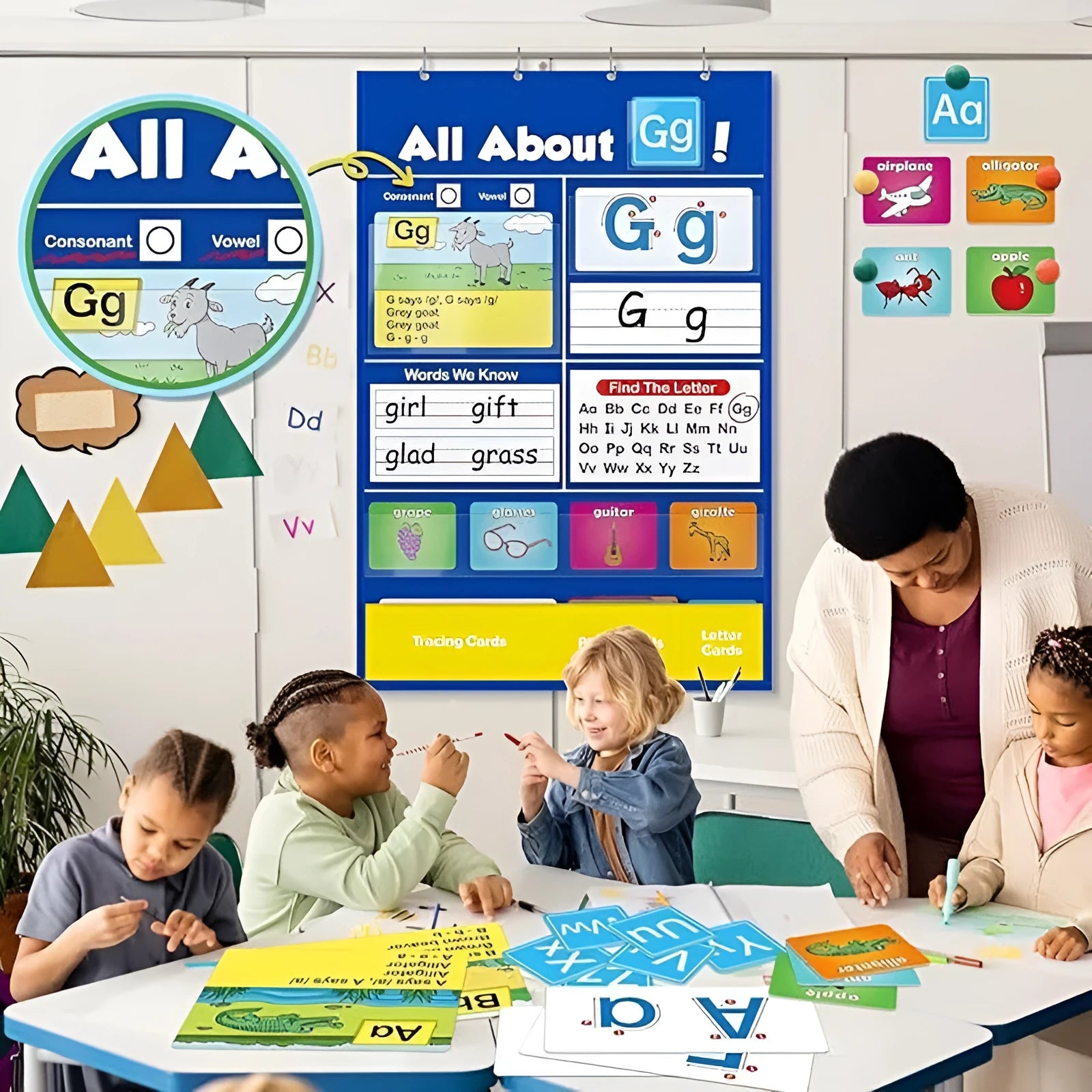 Children's alphabet learning chart sleeve table with educational cards spread on 60x40cm wipe-clean surface