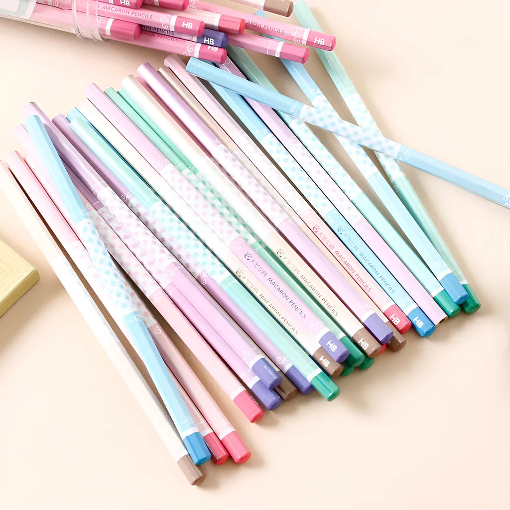 Fifty basswood hexagonal HB pencils in a wooden storage barrel for bulk stationery supply