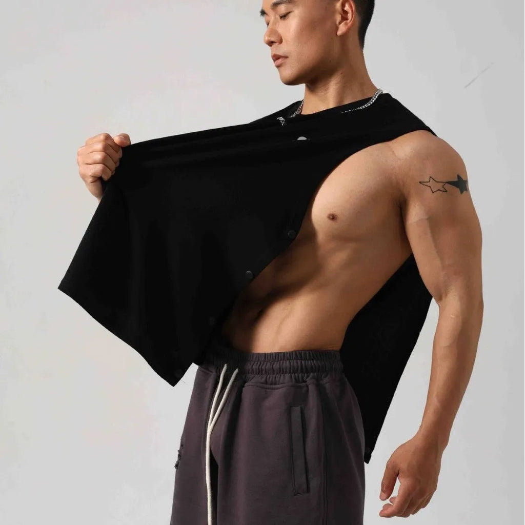 Men's loose cotton fitness vest with hidden hook side openings in black colour