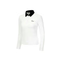 Women's white long sleeve golf top with slim fit made from breathable polyester fabric