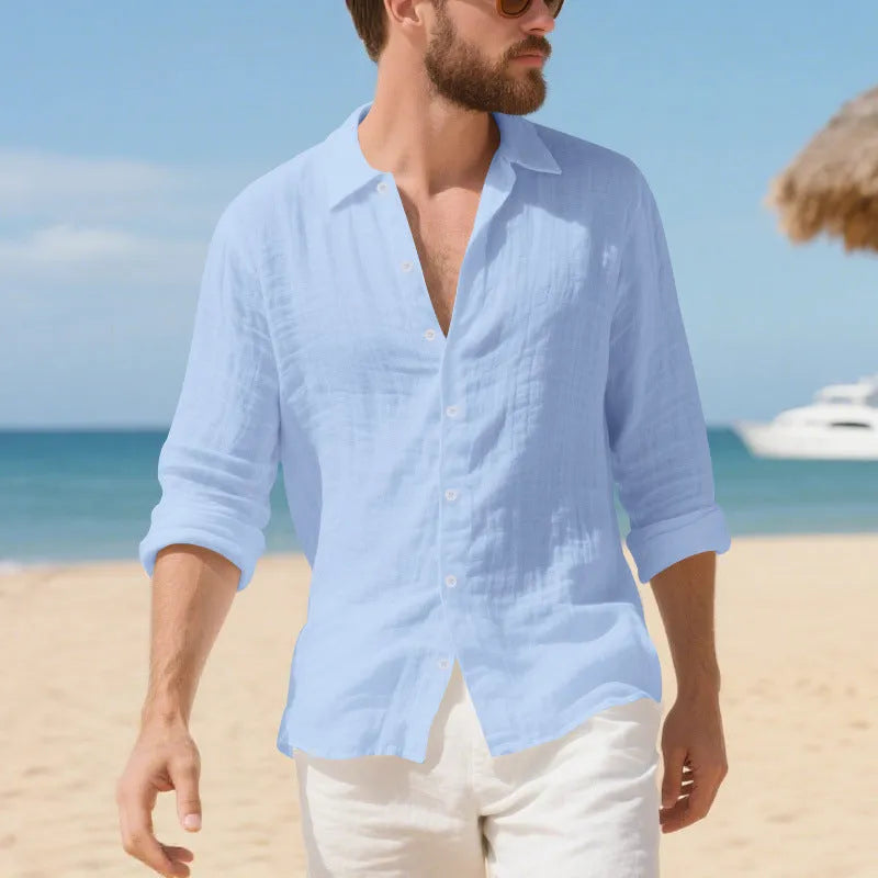 Linen American-style casual shirt in loose fit with non-ironing process