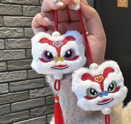 Handmade Chinese style plush lion tassel keychain ornament with star stone detail in blue colour
