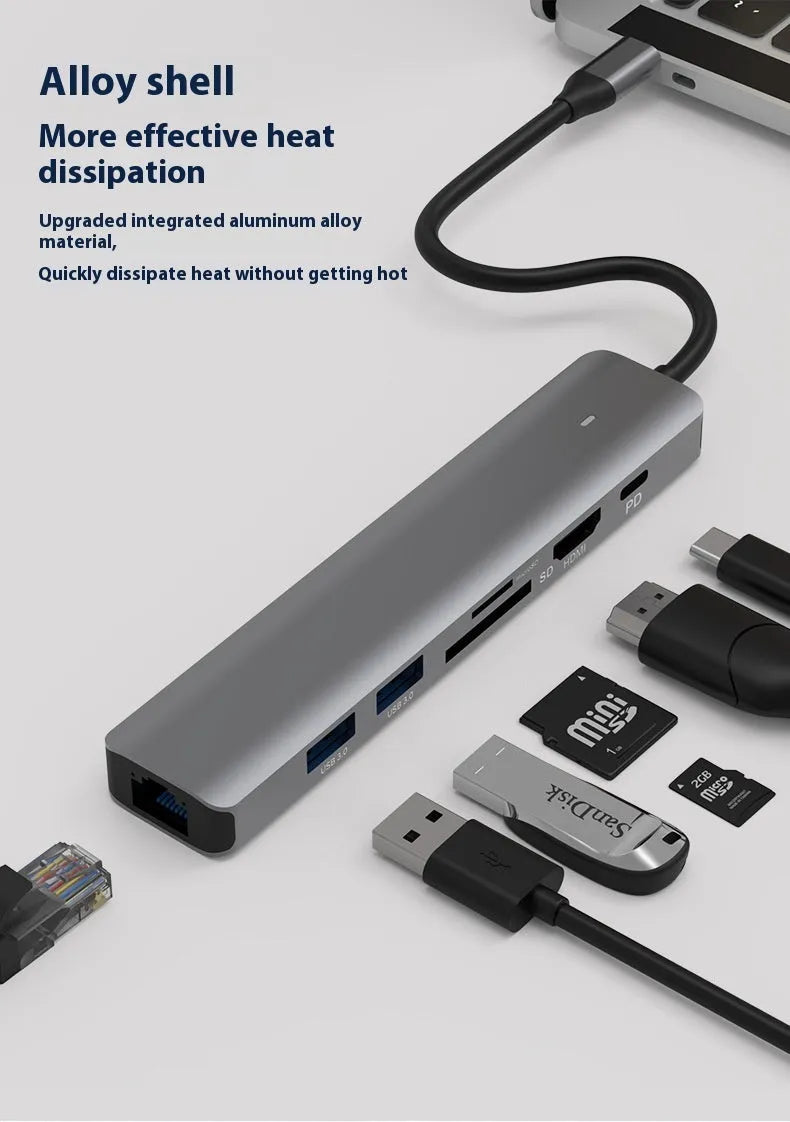 Seven-port card reader PD computer hub with USB-C laptop charging and custom logo option