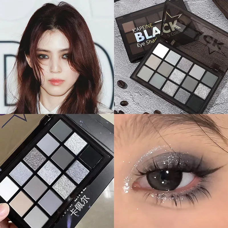 Open 15-colour eye shadow palette showing pans of brown, blue, and grey matte and shimmer shades.