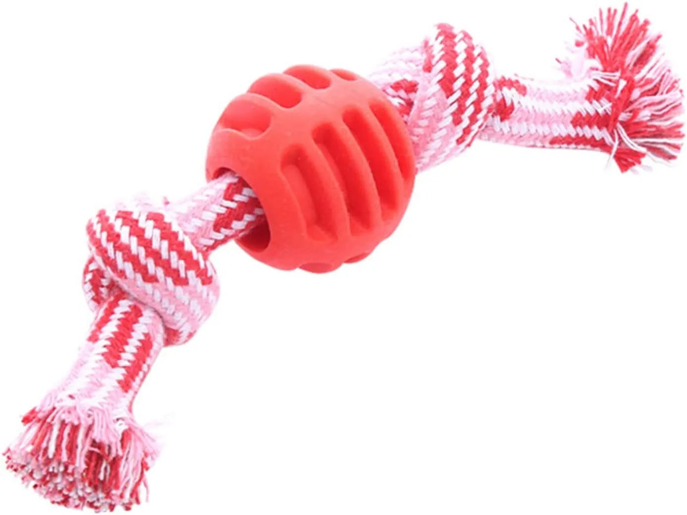 Blue molar-shaped dog chew toy with attached ropes for dental cleaning and tugging play.