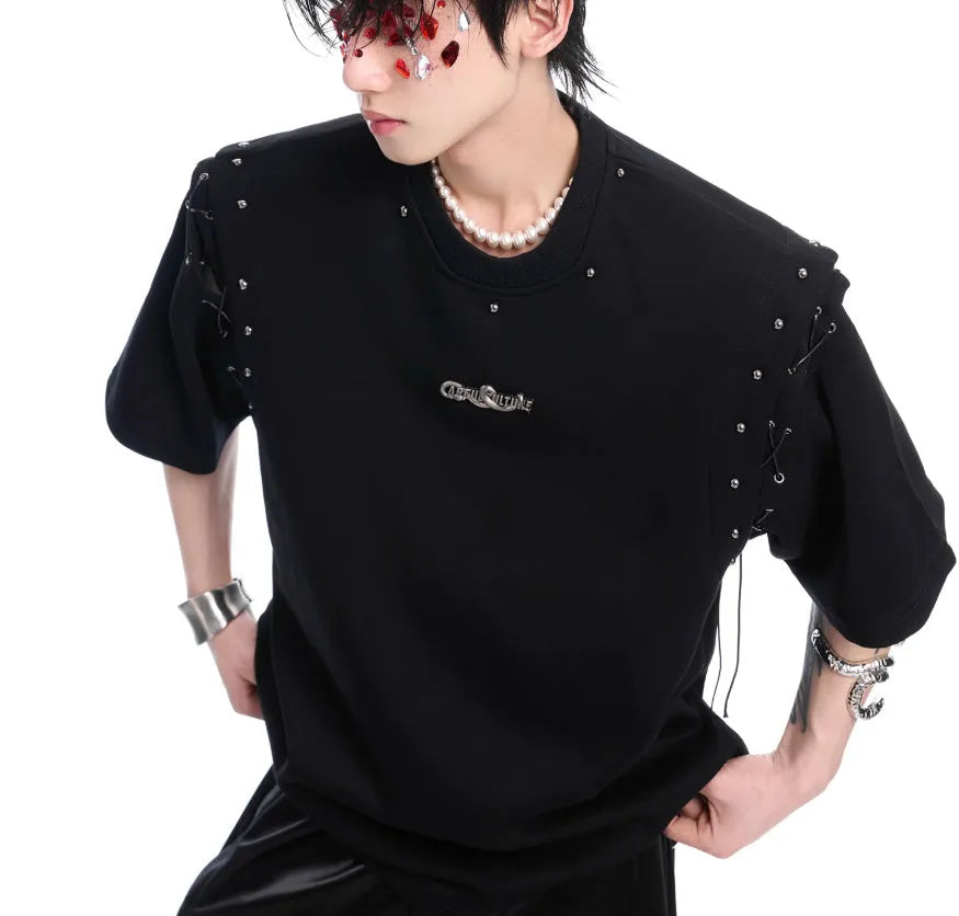 Short sleeve T-shirt with lace-up cutout design in black or white colour options