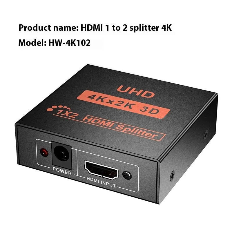 4K HDMI splitter device with one input and two output ports for dual display setup