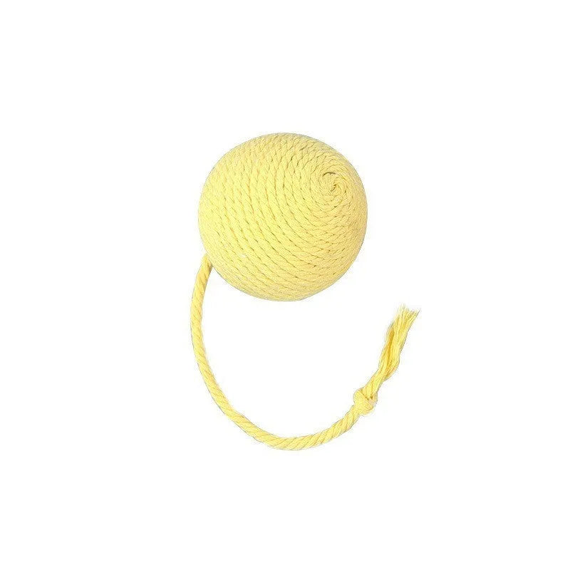 Colourful cat toy ball with rope handle and built-in bell for interactive play