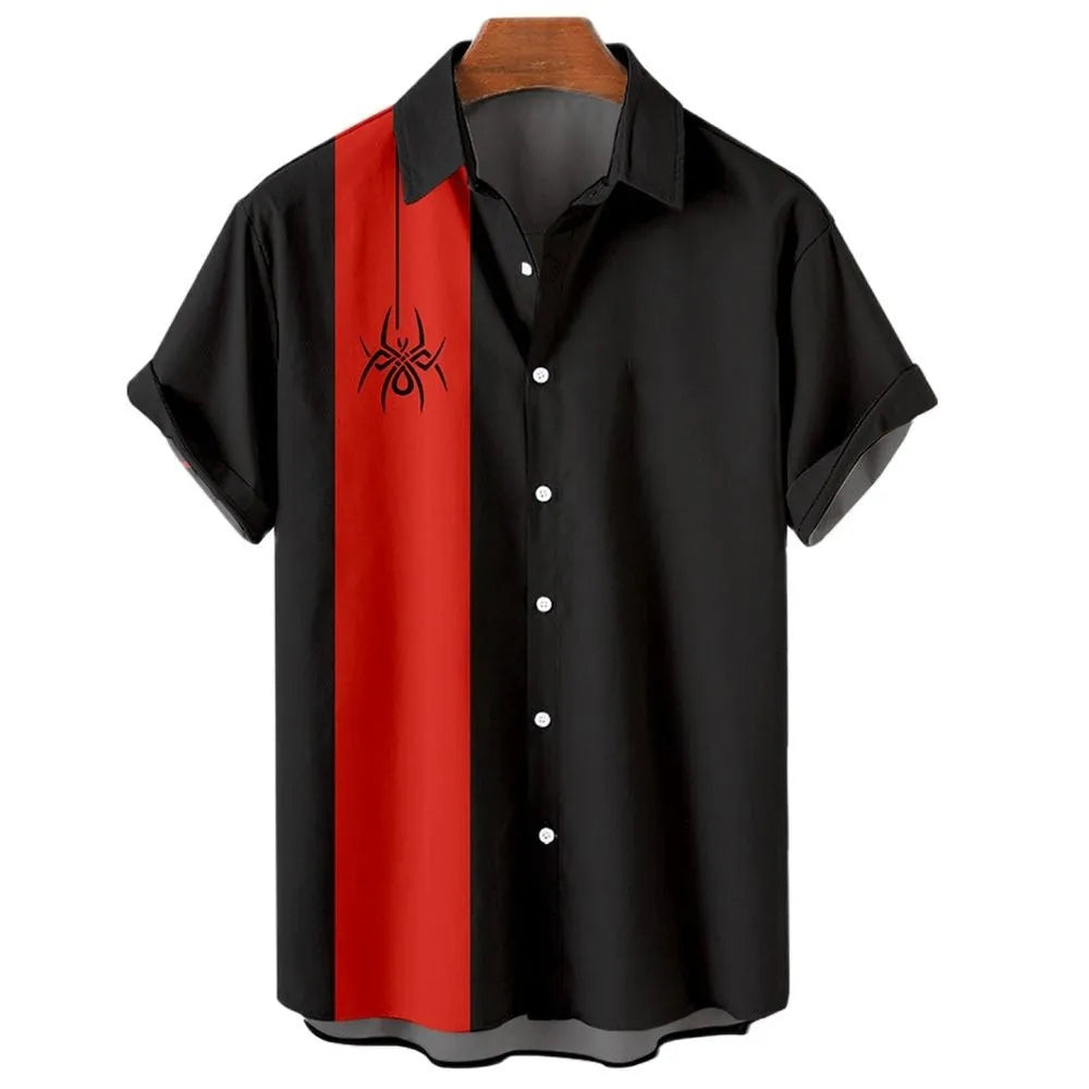 Men's striped Hawaiian shirt in polyester fabric with button-up short sleeves