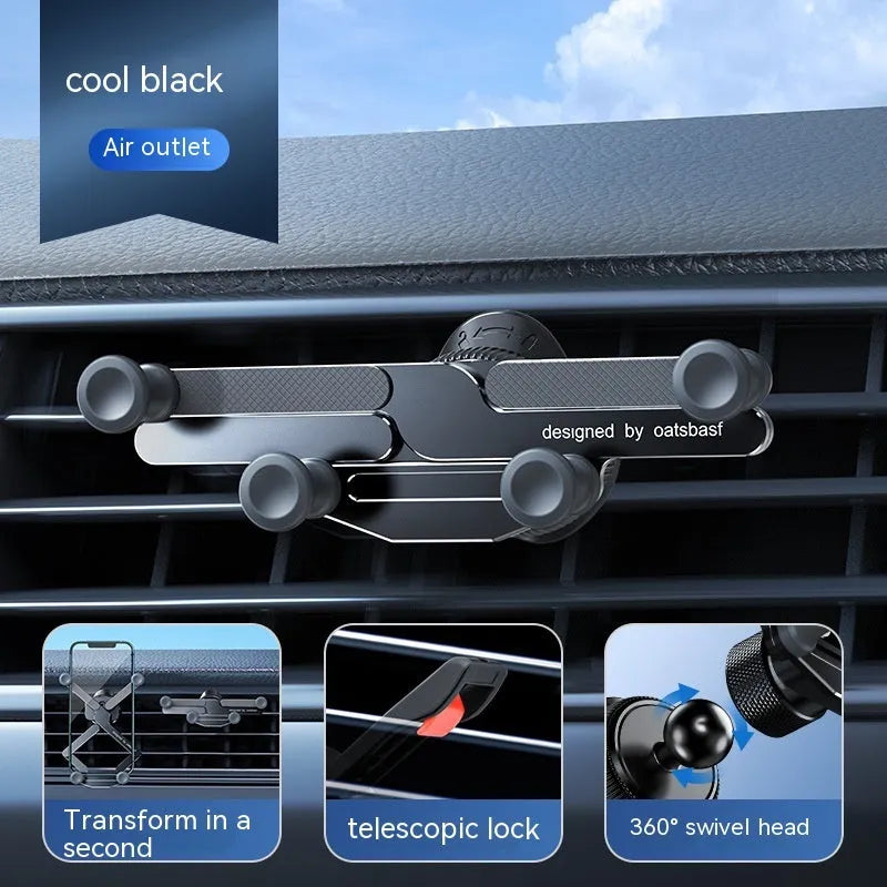 Aluminium alloy snap-on car phone holder shown in black, mounted on a car air vent.
