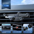 Aluminium alloy snap-on car phone holder shown in black, mounted on a car air vent.