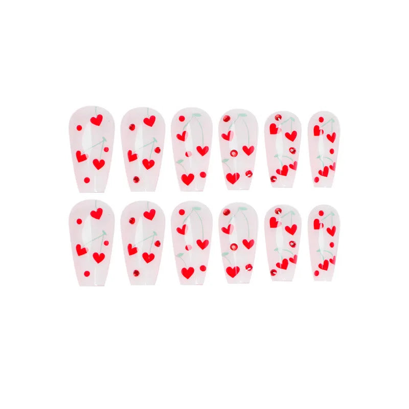 French tip nail art stickers with red diamond and cherry design, 24 self-adhesive pieces with adhesive glue