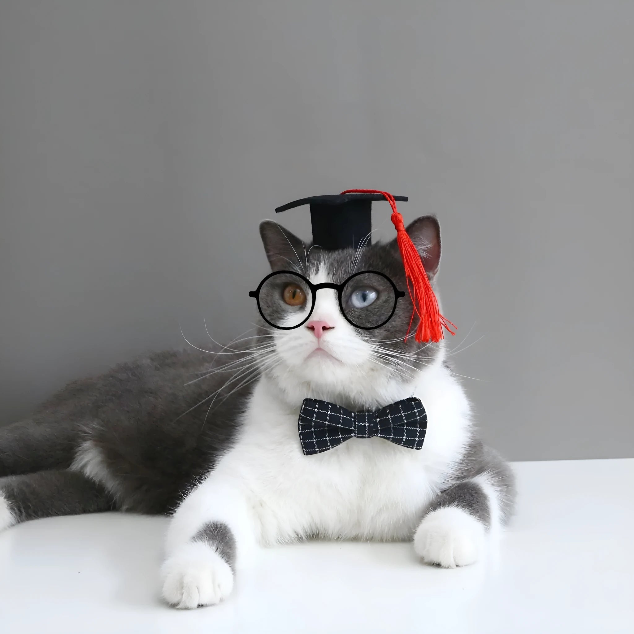 Small pet wearing an elastic wool felt hair band and matching doctor's degree bow tie.