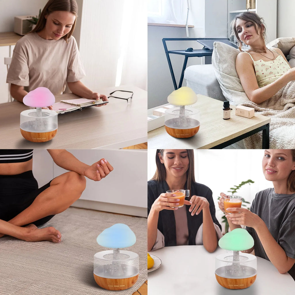 White raining cloud shaped humidifier with flowing water display and colourful LED lights